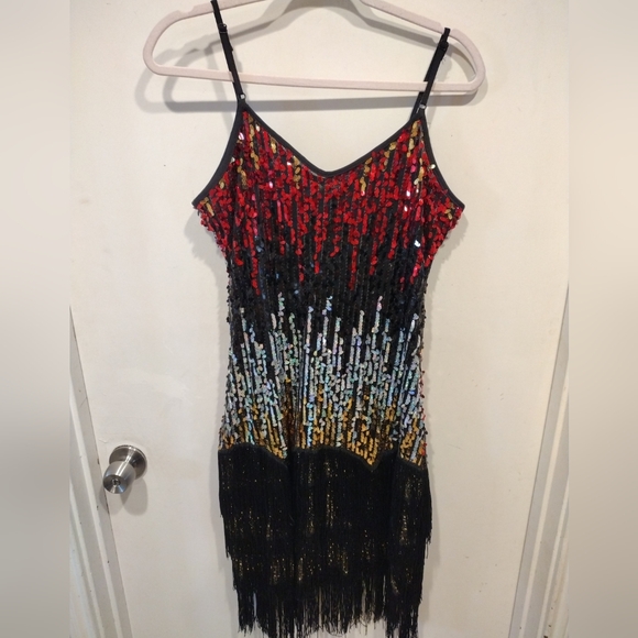 Unbranded Red Gold & Silver 1920's Flapper Costume Fringed Party Dress L-Gatsby - Picture 1 of 6